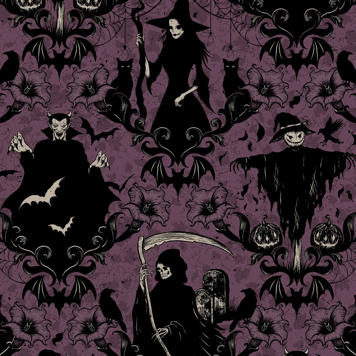 Grim Reaper Halloween Fabric 4792-55 Plum Darkly Enchanted