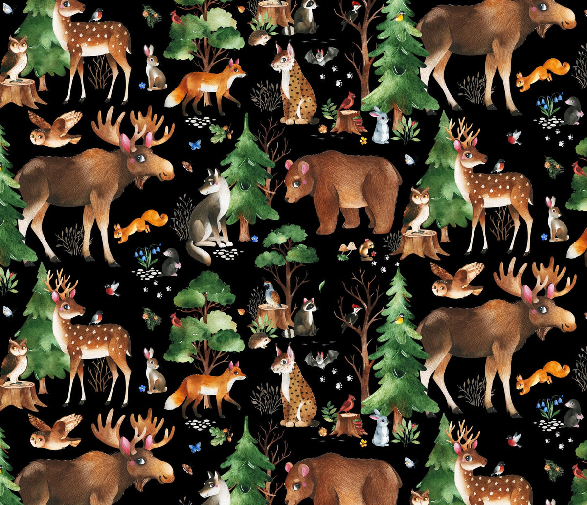 Woodland Animal fabric 724 Black Moose Bear Fox deer fabric