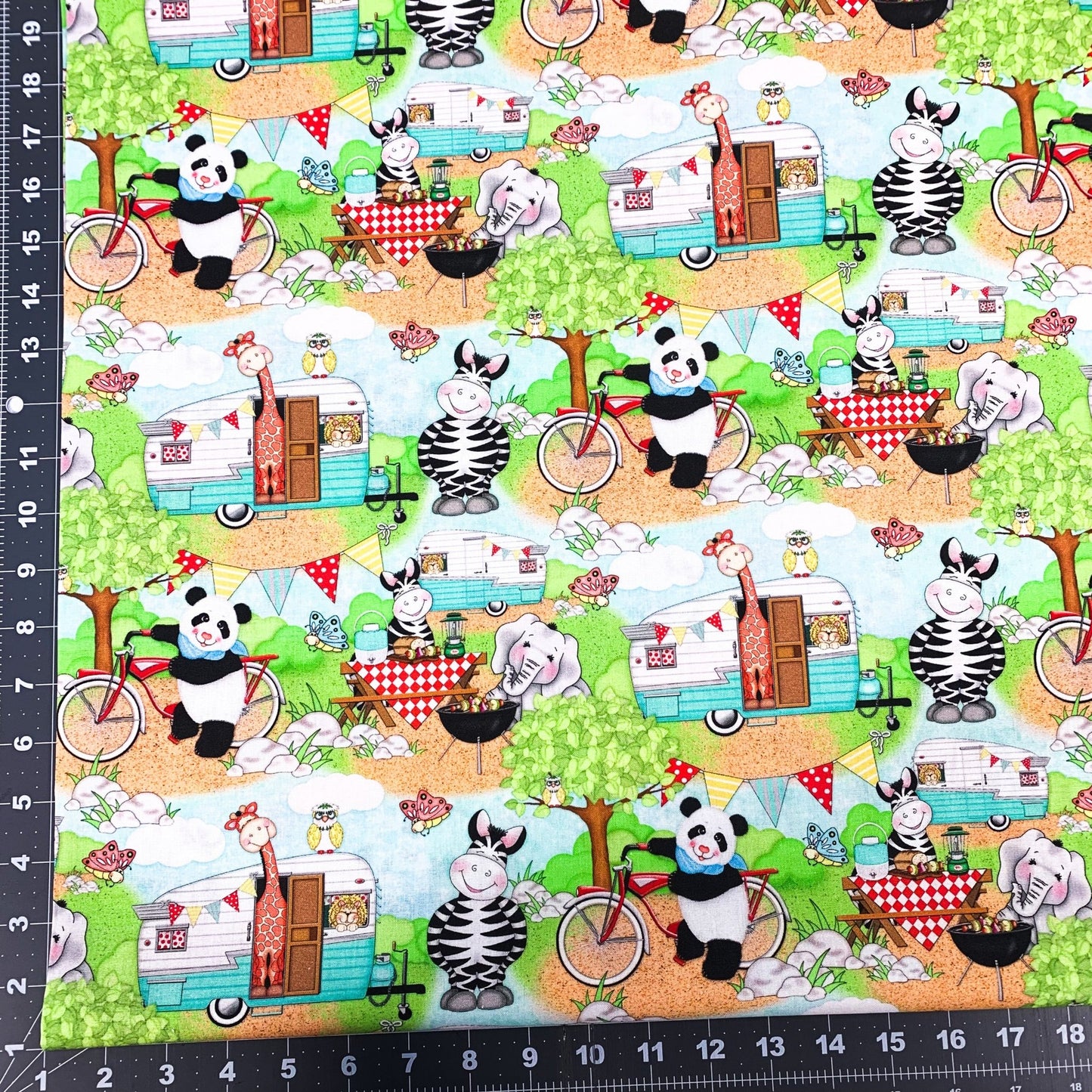 Bazooples Campout Cute Animal Fabric 62947 Panda Giraffe Elephant Zebra - Mary Jo Fabrics