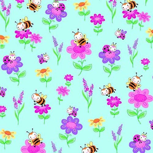 Blue Bees and Flower FLANNEL 0796 - 11 Cute Bugs - Mary Jo Fabrics