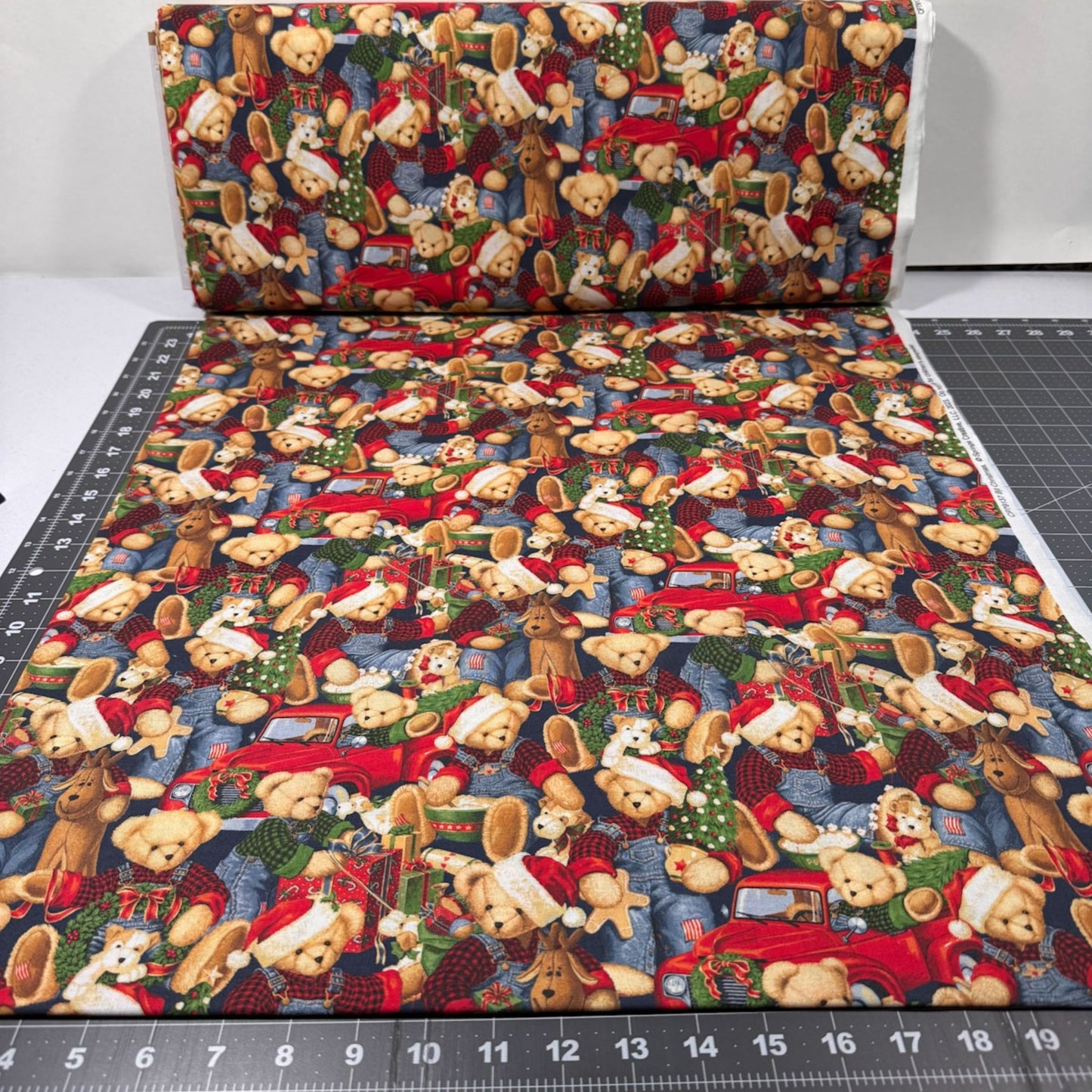 Blue Jean Teddy Bear fabric CP79137 Christmas fabric - Mary Jo Fabrics