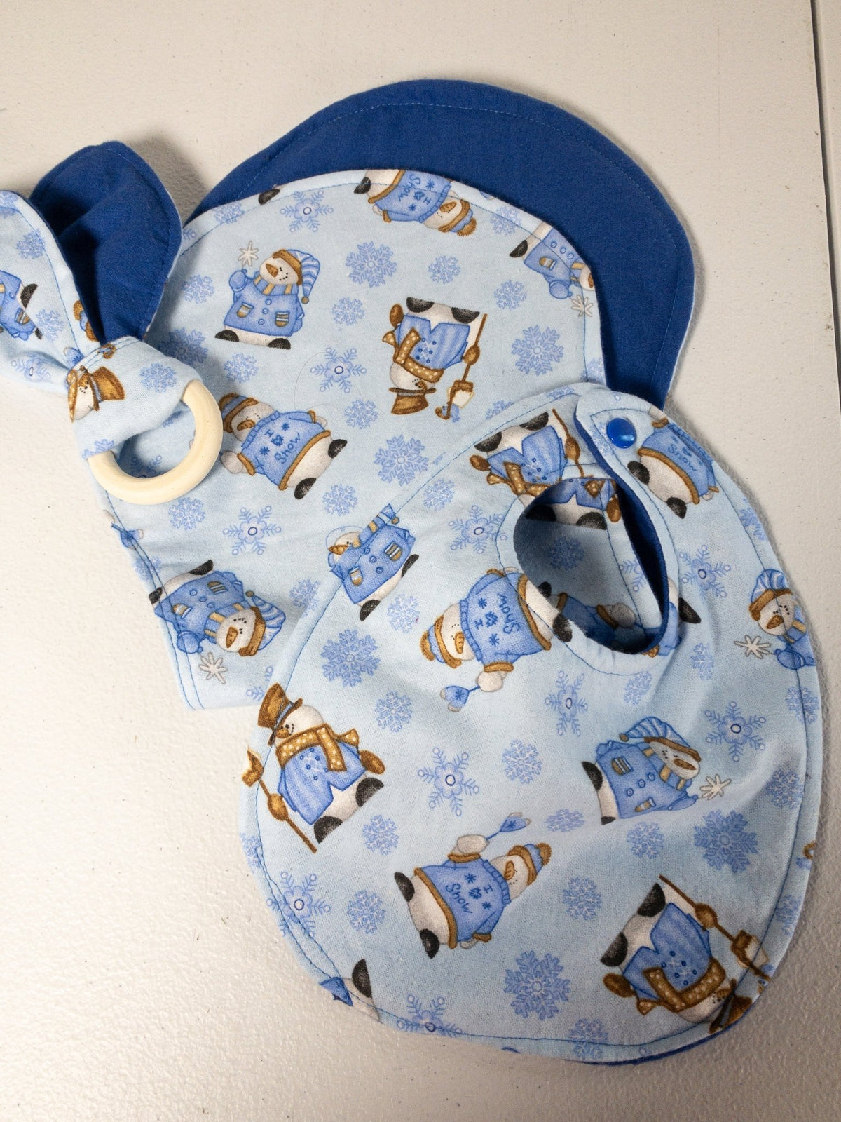 Blue Snowman Baby Bib Burp Cloth Wood Teething Toy - Mary Jo Fabrics