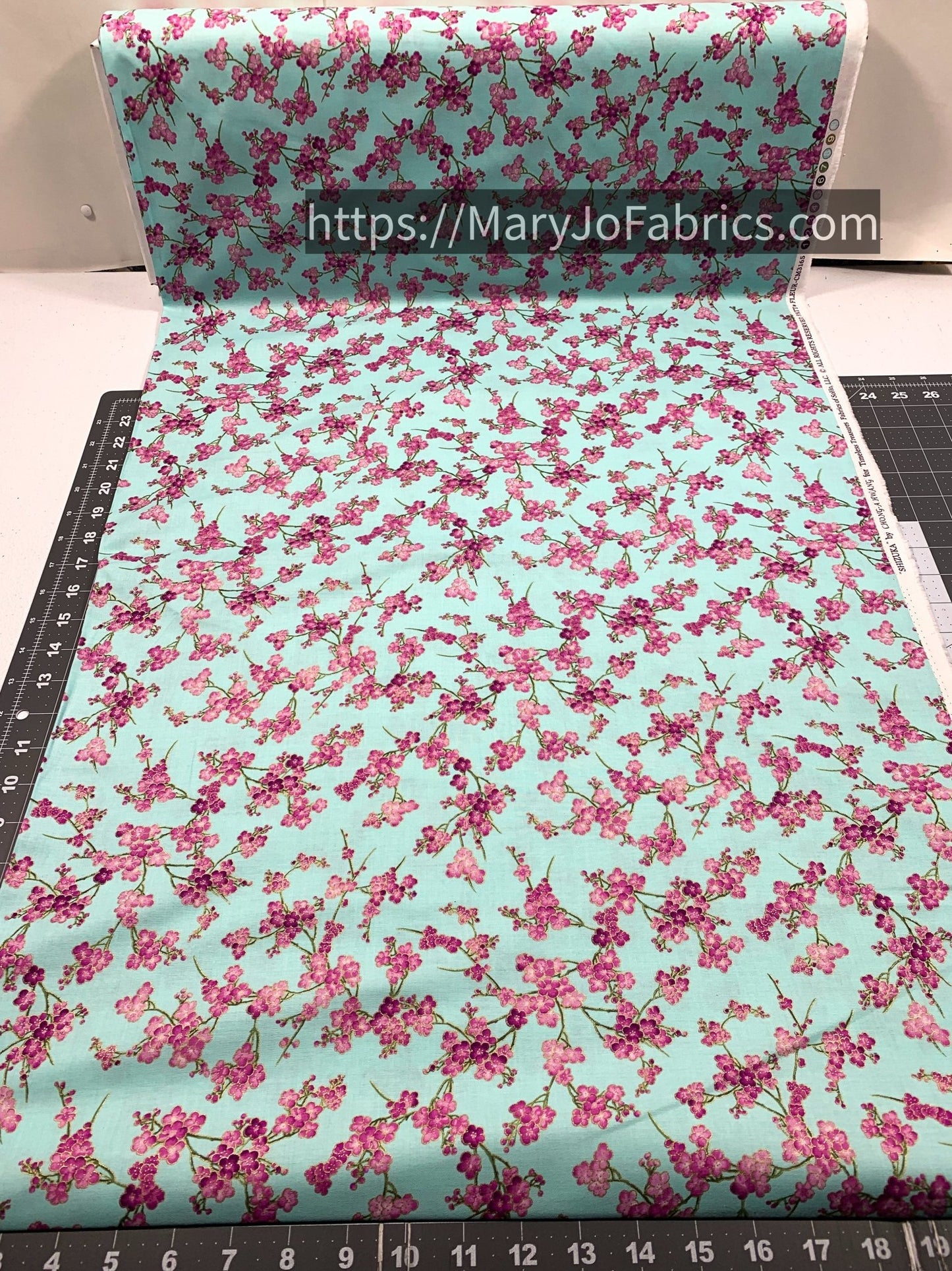 Cherry Blossom Cotton Fabric CM3165 Aqua - Mary Jo Fabrics