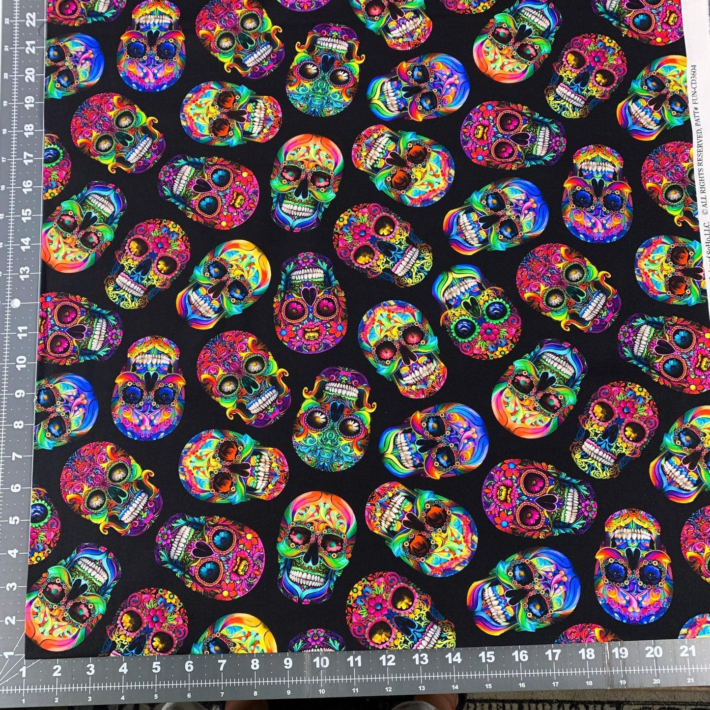 Colorful Sugar Skulls Fabric CD3604 Fun Skull on Black - Mary Jo Fabrics