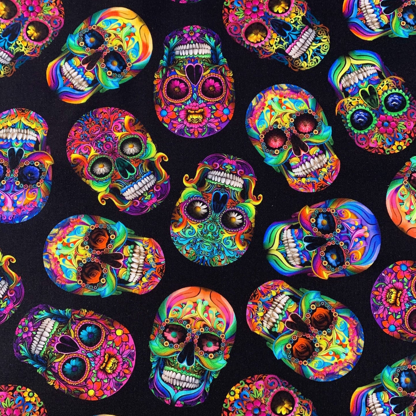 Colorful Sugar Skulls Fabric CD3604 Fun Skull on Black - Mary Jo Fabrics