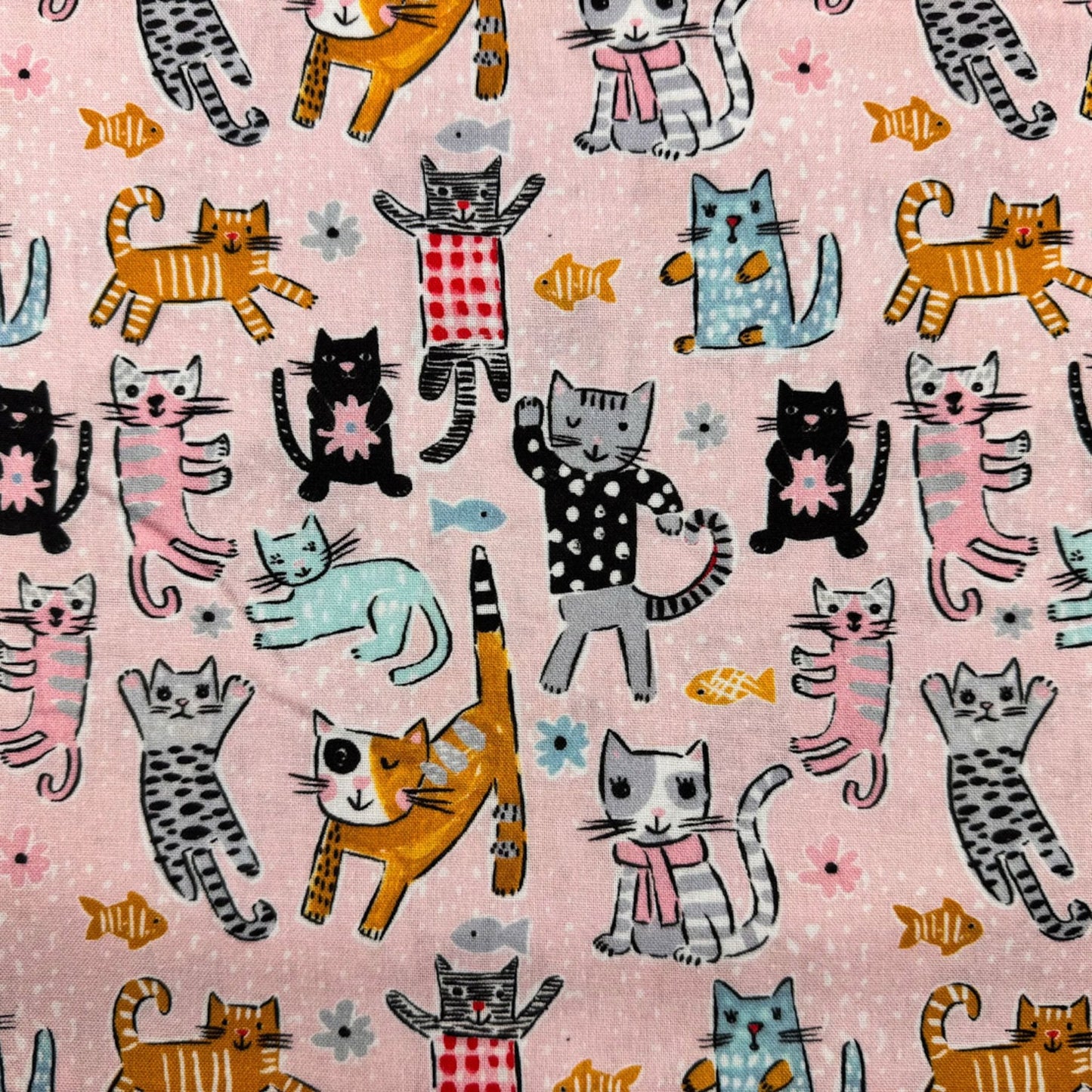 Cute Pink cats fabric 2034 - 0055 Novelty Cat Cotton Fabric - Mary Jo Fabrics