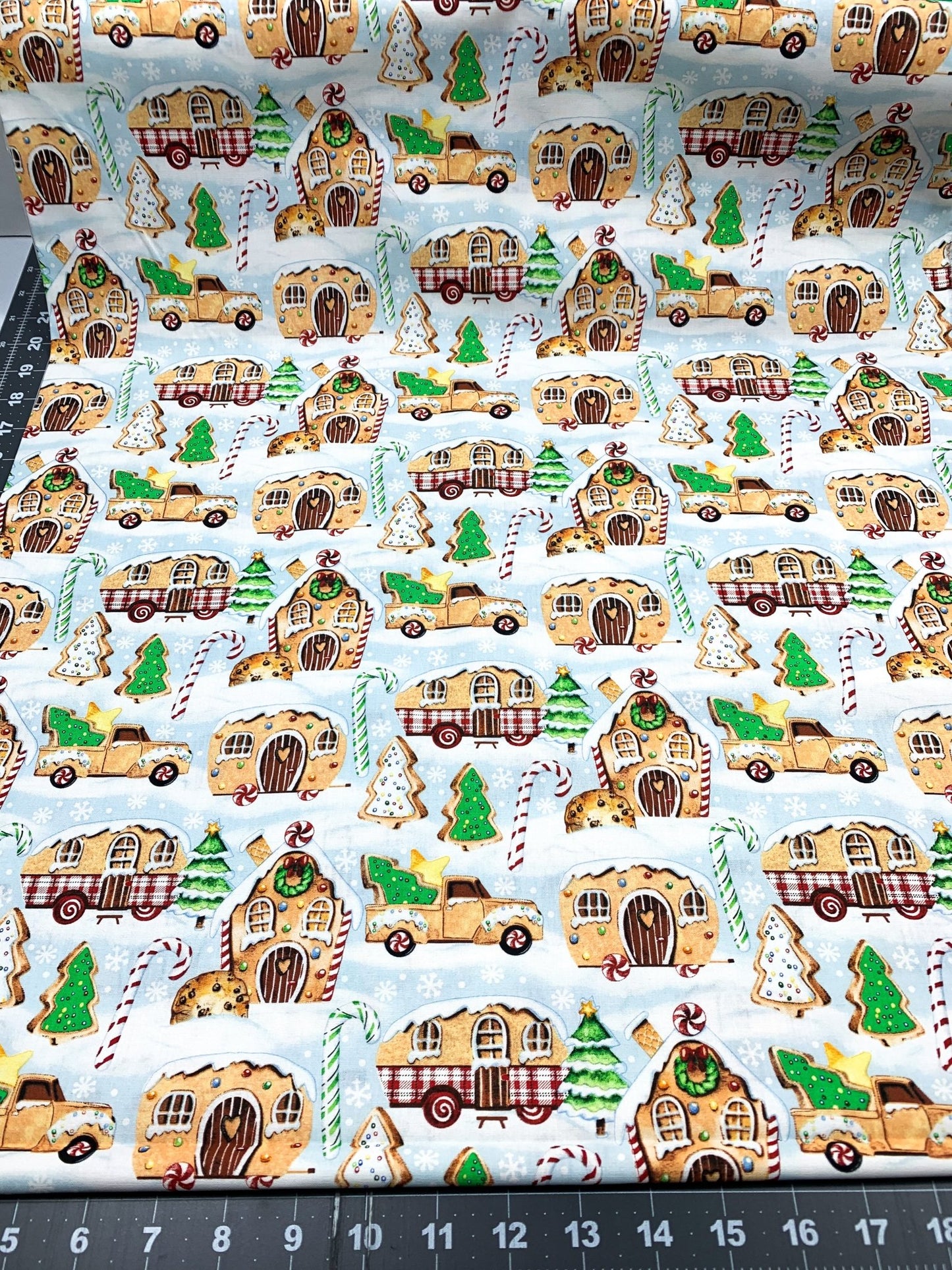 Gingerbread Camping Christmas Fabric 21079 Blue - Mary Jo Fabrics