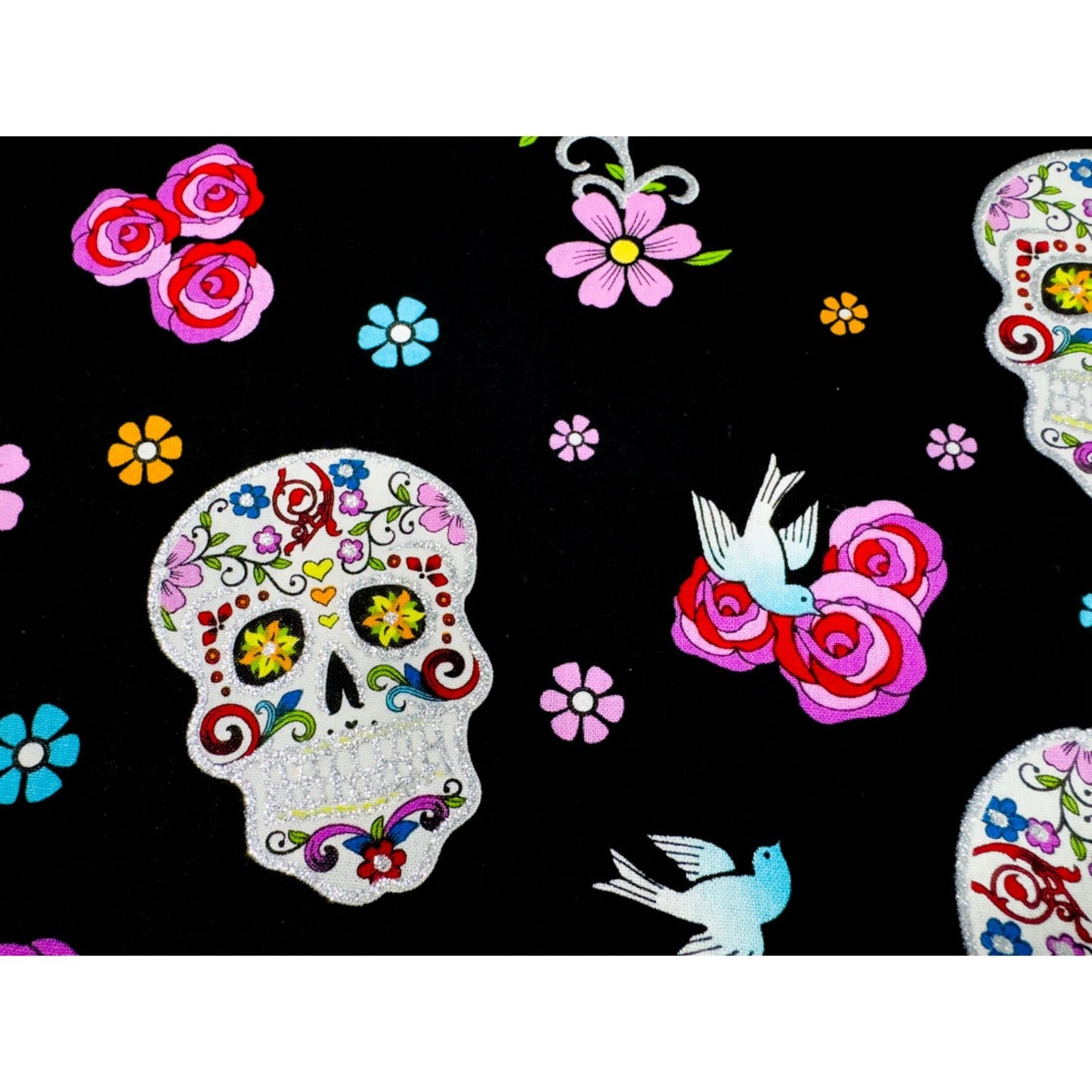 Girl Day of the Dead Skull fabric DT51957C1 Silver Glitter Skulls - Mary Jo Fabrics