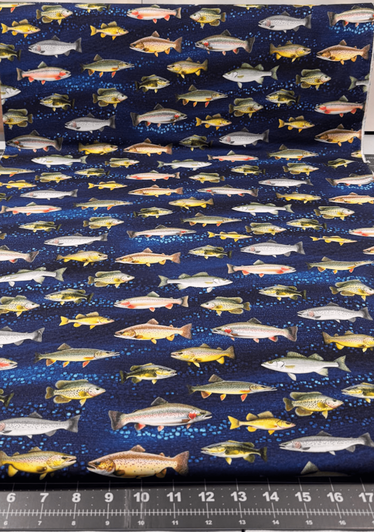 Navy Freshwater Fish fabric CD2640 Lakeside Cabin - Mary Jo Fabrics