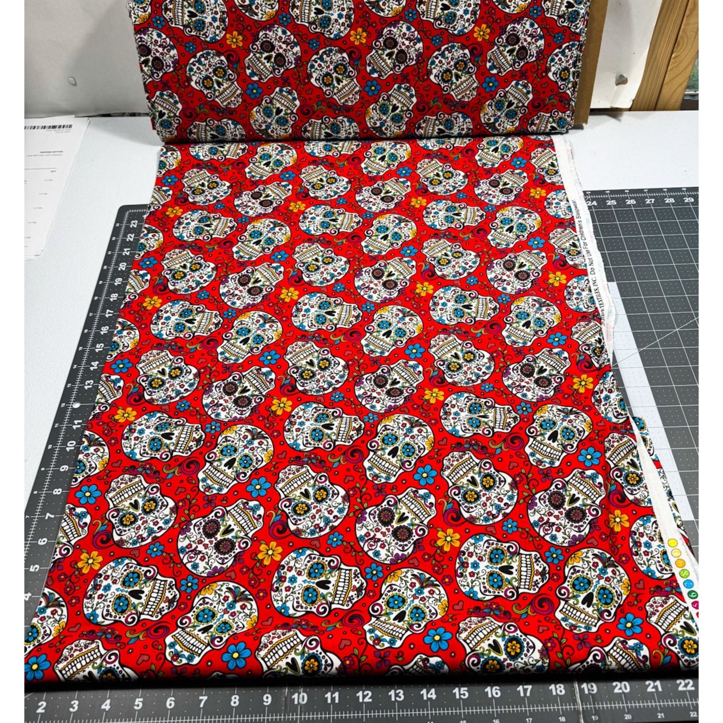 Red Folkloric Skulls fabric DT28882C skull cotton fabric - Mary Jo Fabrics