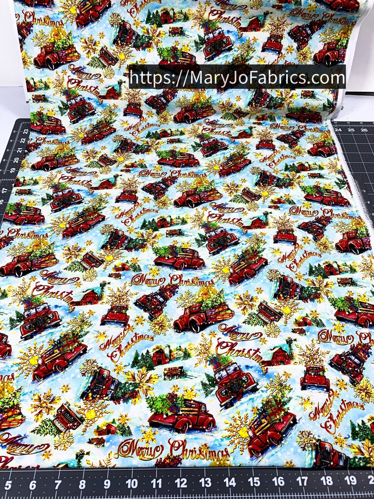 Red Holiday Truck Fabric 59 - 8901 Merry Christmas - Mary Jo Fabrics