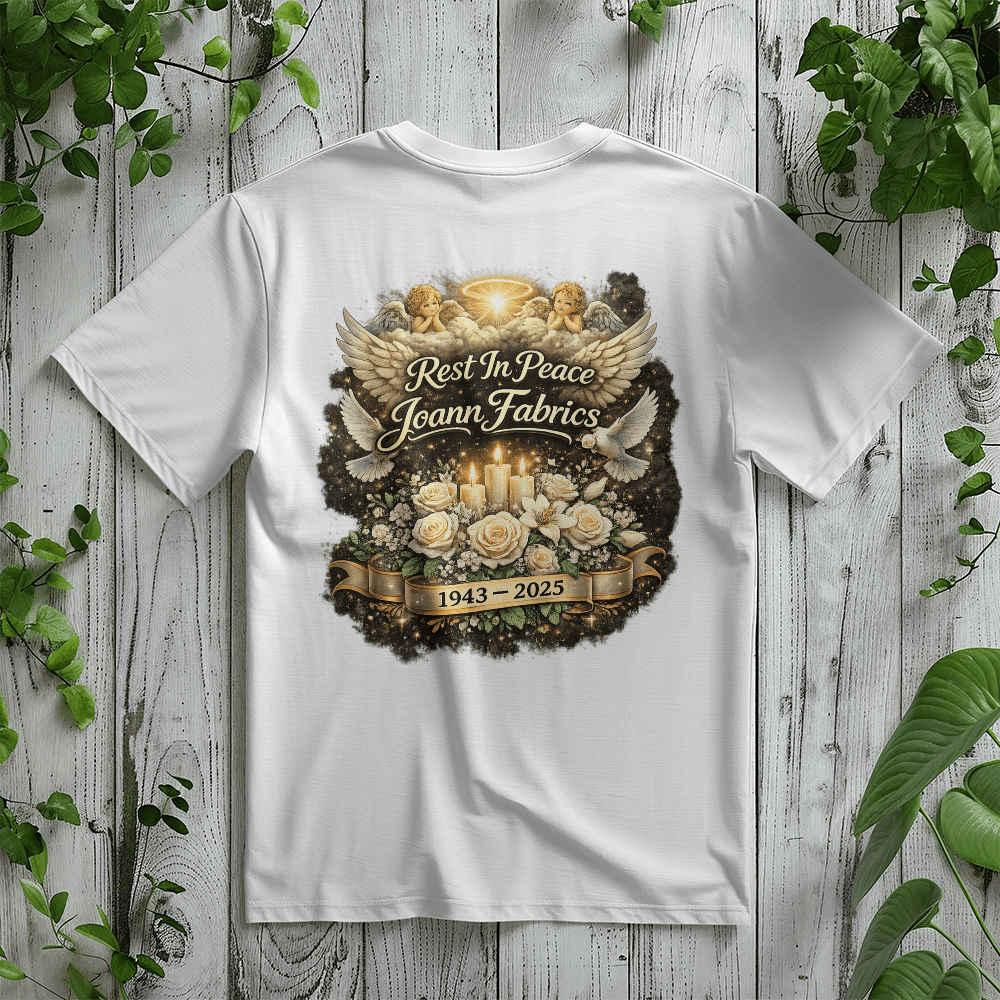 Rest In Peace Joann Fabrics Memorial T-Shirt Back Print - Mary Jo Fabrics