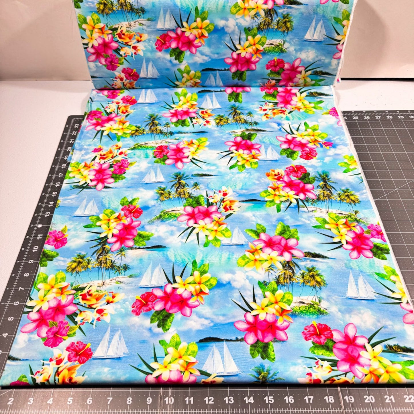 Sky Blue Island Paradise 12897 - 53 Sailboats Palm Trees Floral - Mary Jo Fabrics