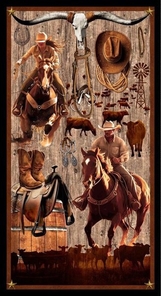 Spurs and Spirit Cowboy Quilt Panel 4532P - 39 Cowgirl Panel - Mary Jo Fabrics