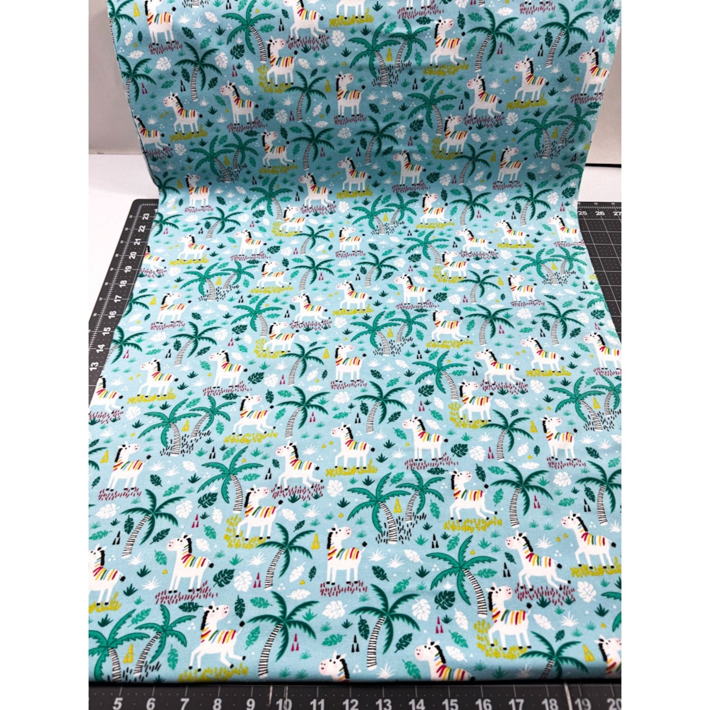 Teal Colorful Zebra FLANNEL Fabric 44 - 7451 Palm Trees - Mary Jo Fabrics
