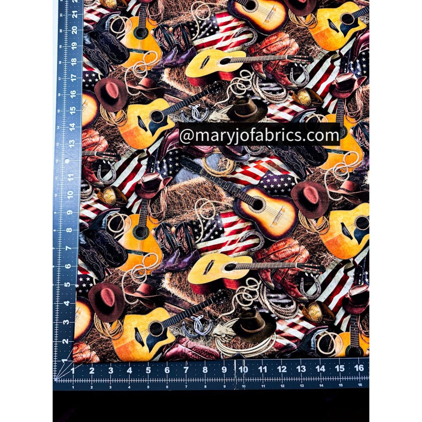 USA Flag Boots Guitar Fabric CD3863 Western Print - Mary Jo Fabrics