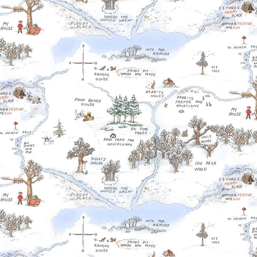 Winnie the Pooh Fabric 9105-07 Frosted Snowy Hundred Acres Wood Map - Mary Jo Fabrics