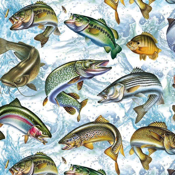 Pattern of various fish on a blue water background