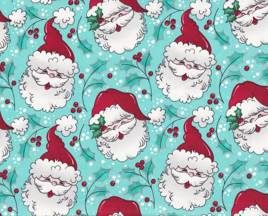 Tossed Santa faces w Glitter Christmas fabric