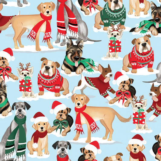 Santa Paws Dogs in Christmas sweaters and scarves