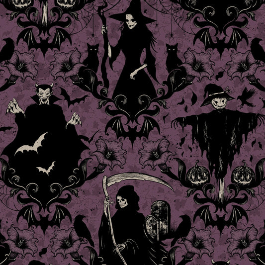 Grim Reaper Halloween Fabric 4792-55 Plum Darkly Enchanted