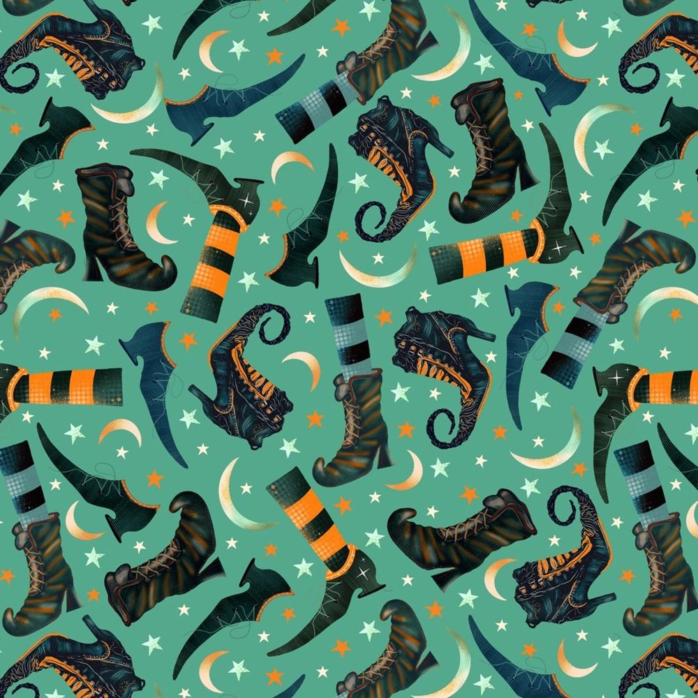 Halloween Witch Fabric 4863-70 Turquoise Witch Boots & Moons