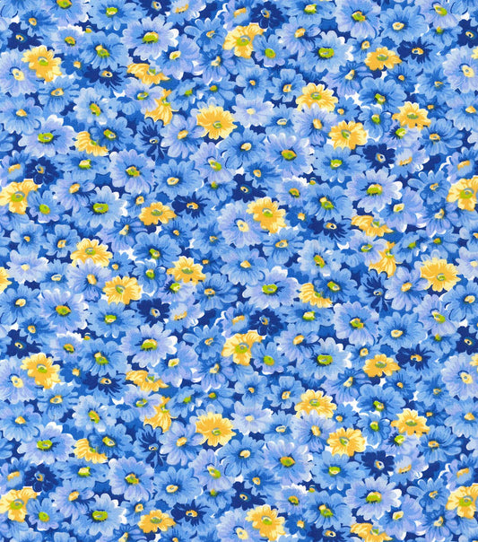 Blue Calico floral fabric Blue and yellow flowers