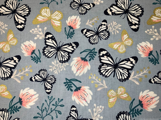 Grey Butterfly and Pink flower fabric 29170101LWM