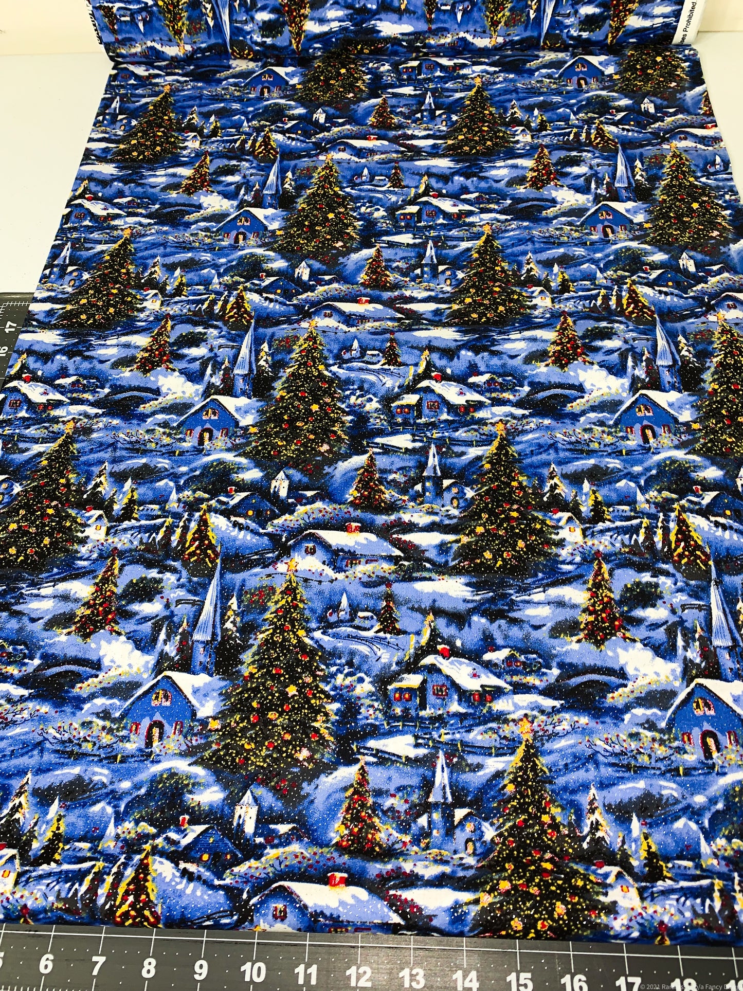 Winter Village Scene w Glitter Christmas fabric