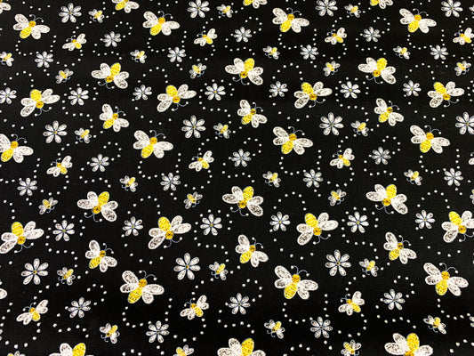Glitter bee fabric 15540 Bees and white flowers