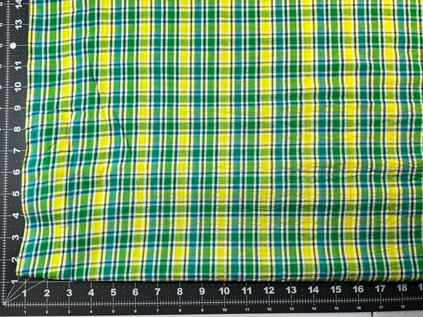 SeerSucker Blue Yellow Green plaid fabric