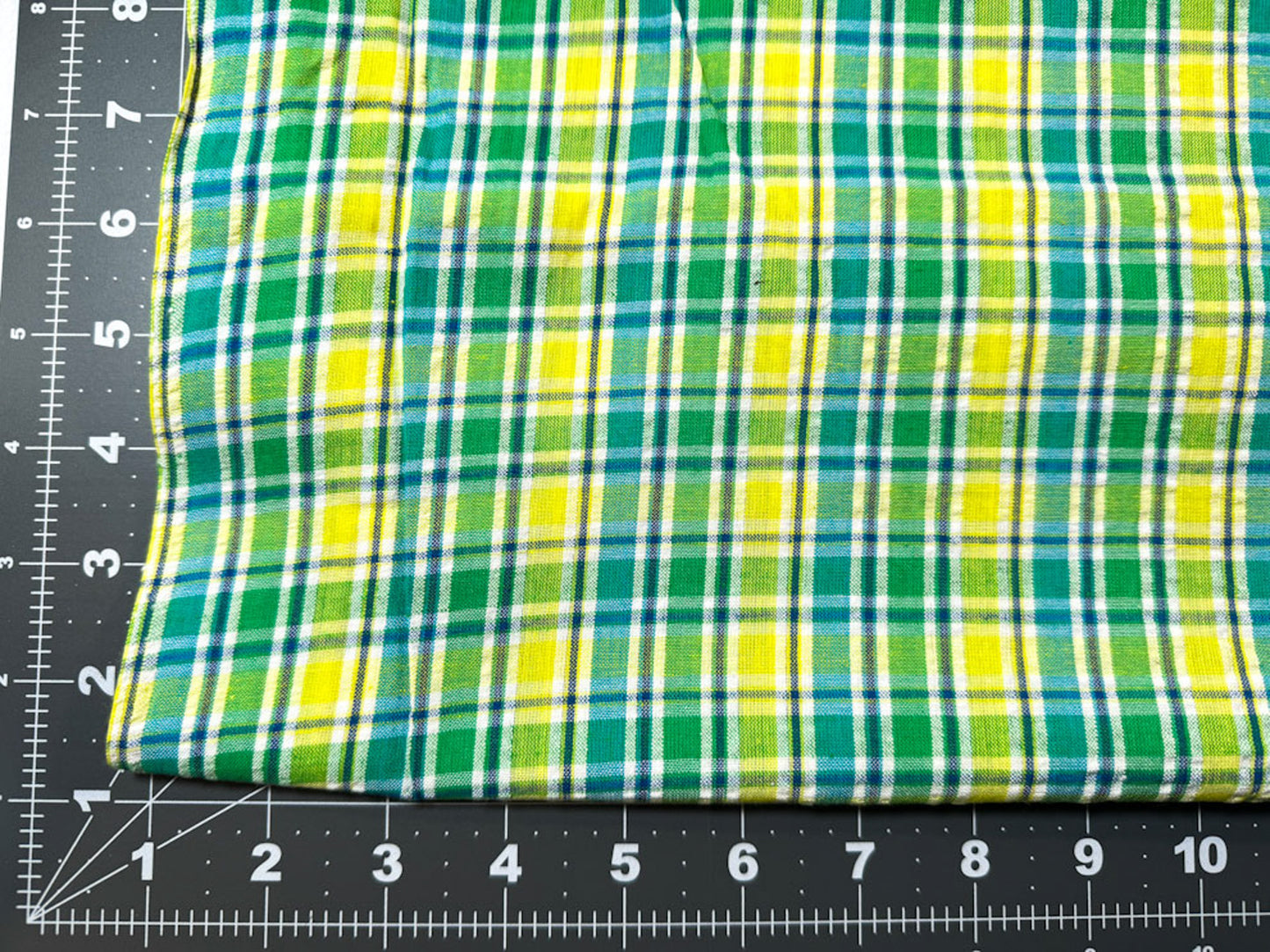 SeerSucker Blue Yellow Green plaid fabric