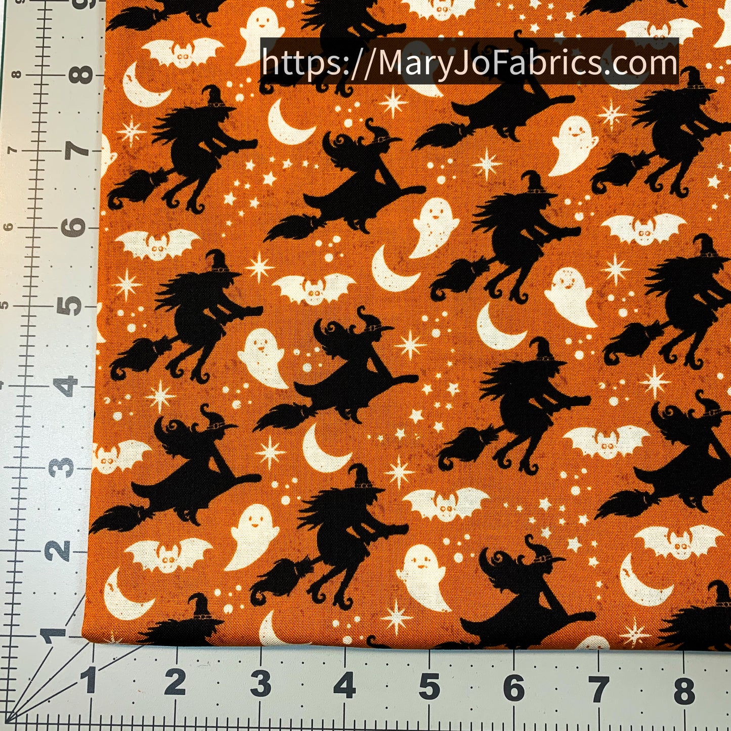 Halloween Witch Fabric 2606 Orange Witches Flying Brooms