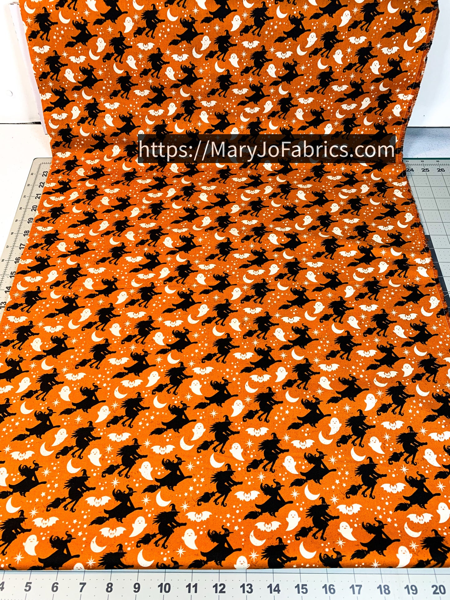 Halloween Witch Fabric 2606 Orange Witches Flying Brooms