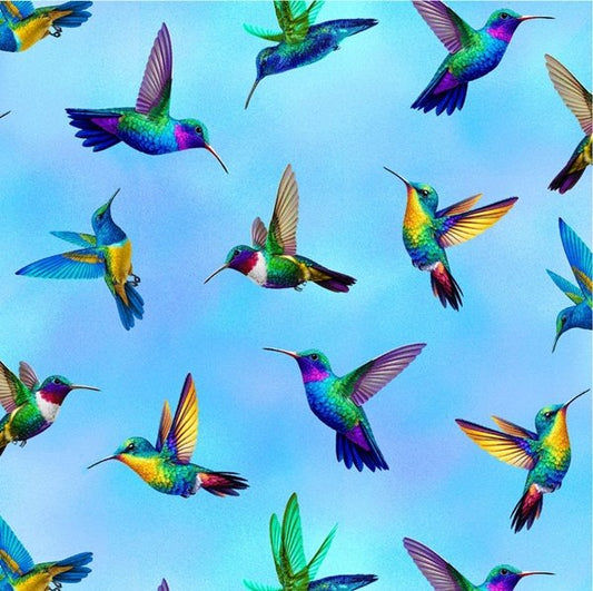 Hummingbird Cotton fabric CD3904 Bird Fabric Blue Flying Hummingbirds