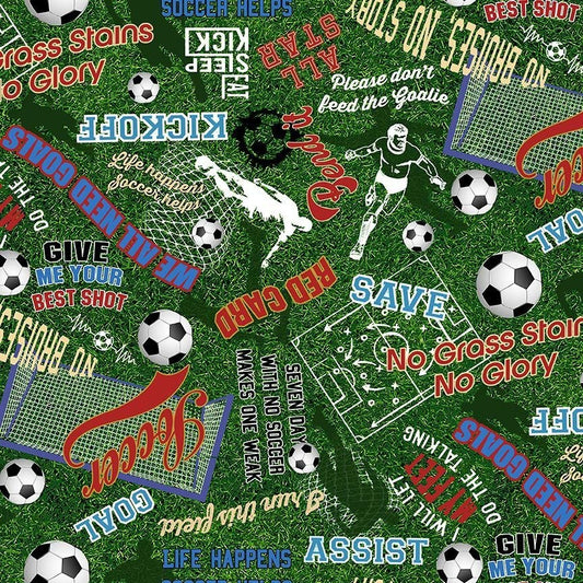 Soccer fabric CD3011 Soccer Balls on Grass Soccer Words