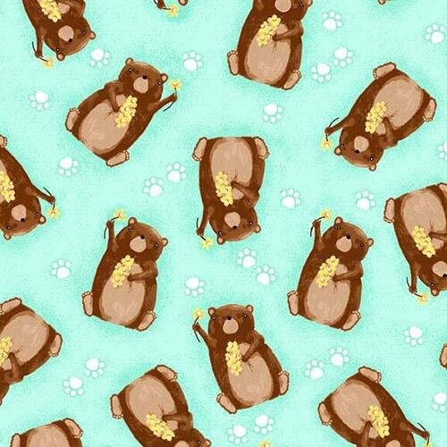 Aqua Bear FLANNEL 1036-66 Nursery Bears w Flowers