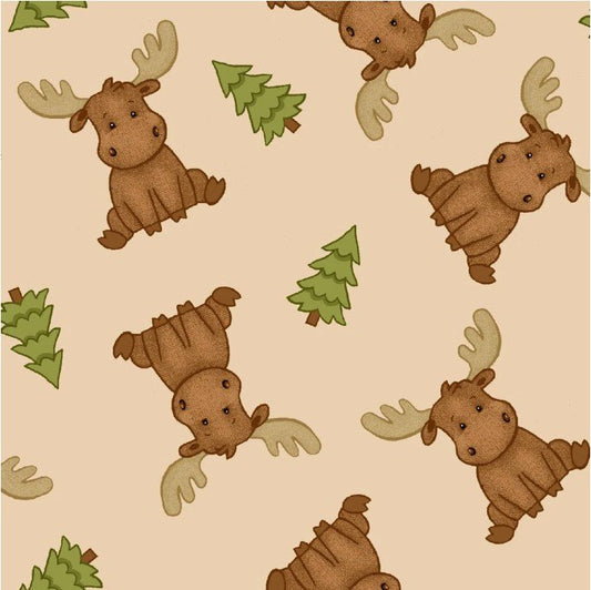 Baby Moose Animal FLANNEL N108744 Tan Beige Christmas Trees