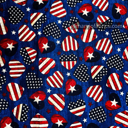 American Flag Patriotic Hearts Fabric C7046 USA Navy - Mary Jo Fabrics