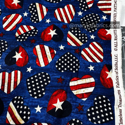 American Flag Patriotic Hearts Fabric C7046 USA Navy - Mary Jo Fabrics