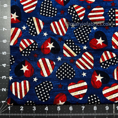 American Flag Patriotic Hearts Fabric C7046 USA Navy - Mary Jo Fabrics