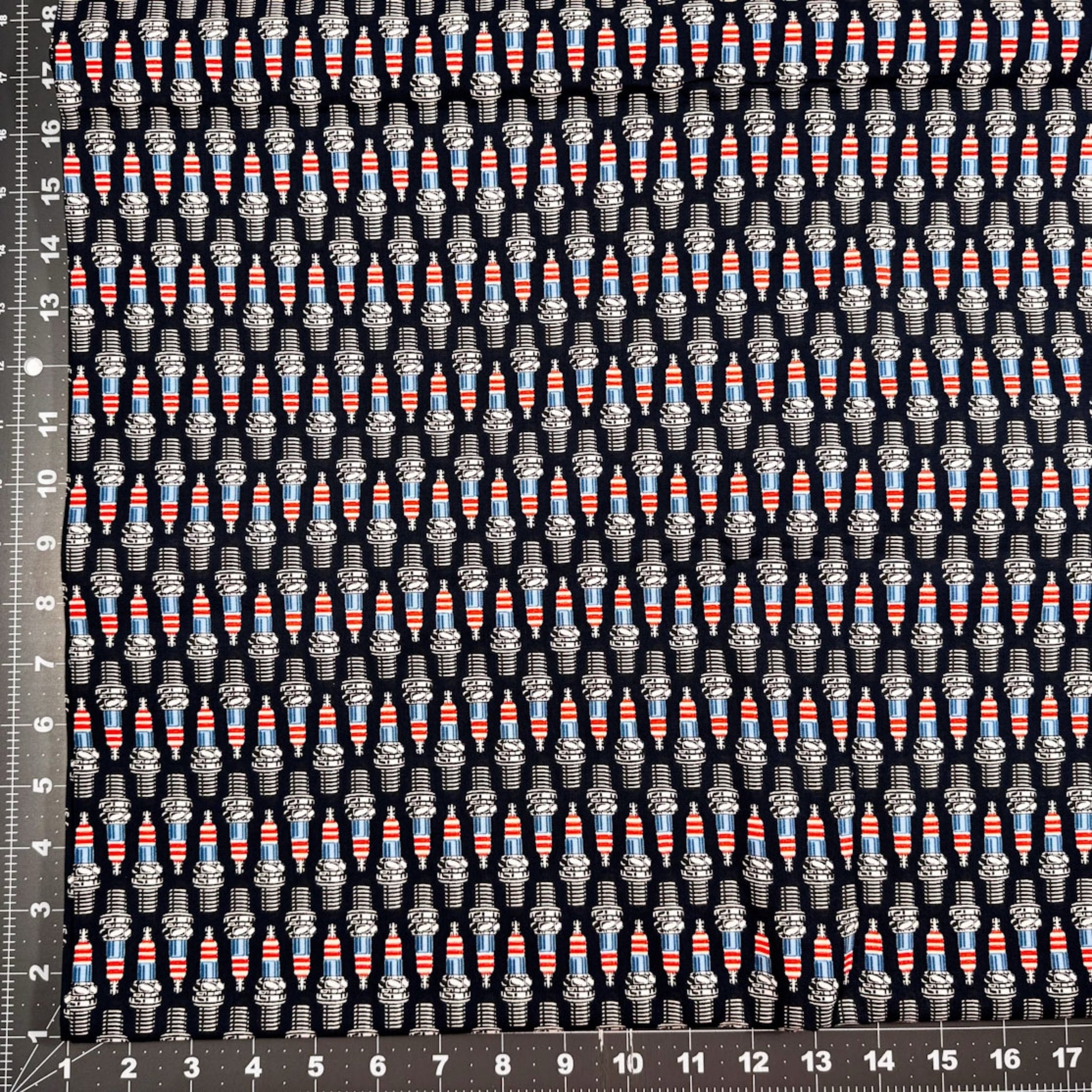 American Muscle Car Fabric 533578 Patriotic Spark Plugs - Mary Jo Fabrics