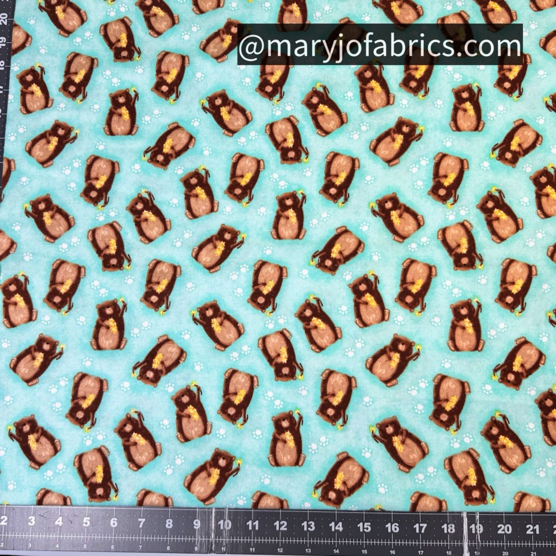 Aqua Bear FLANNEL 1036 - 66 Nursery Bears w Flowers - Mary Jo Fabrics