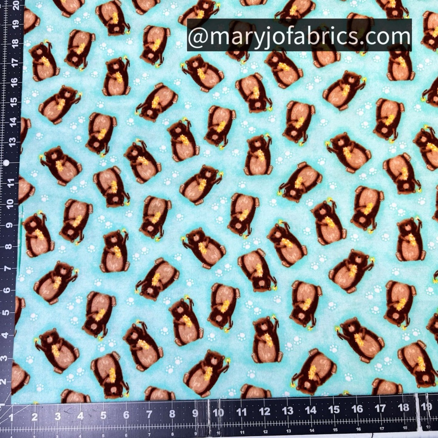 Aqua Bear FLANNEL 1036 - 66 Nursery Bears w Flowers - Mary Jo Fabrics
