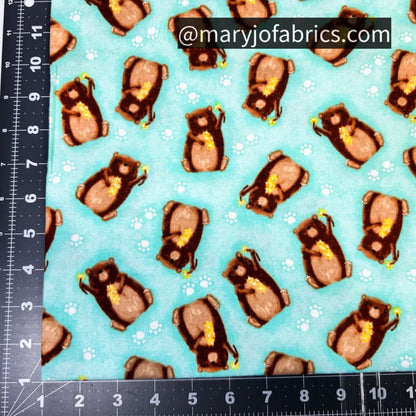 Aqua Bear FLANNEL 1036 - 66 Nursery Bears w Flowers - Mary Jo Fabrics