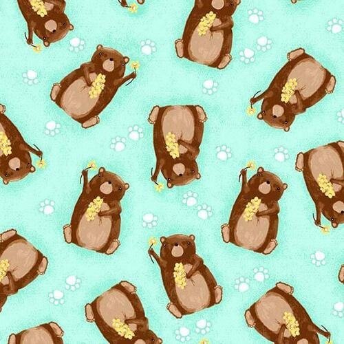 Aqua Bear FLANNEL 1036 - 66 Nursery Bears w Flowers - Mary Jo Fabrics