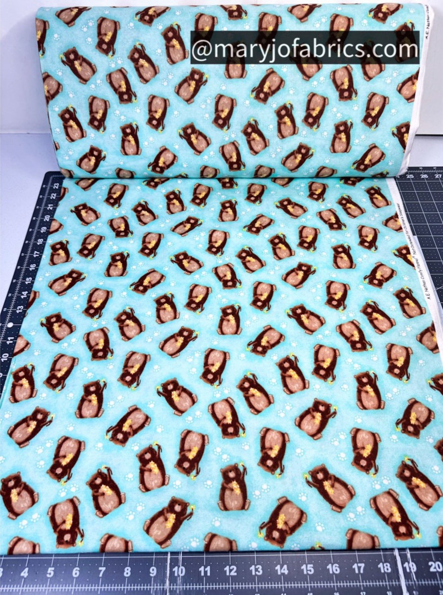 Aqua Bear FLANNEL 1036 - 66 Nursery Bears w Flowers - Mary Jo Fabrics