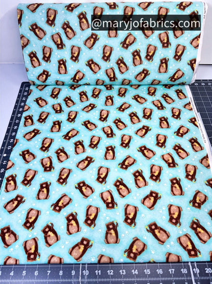 Aqua Bear FLANNEL 1036 - 66 Nursery Bears w Flowers - Mary Jo Fabrics