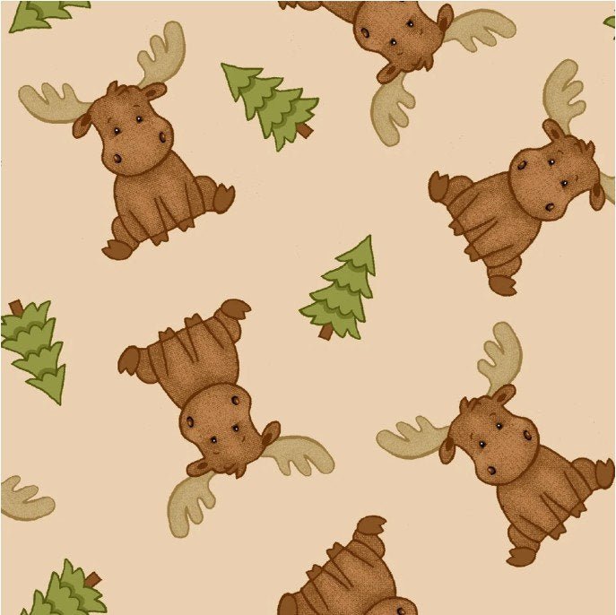 Baby Moose Animal FLANNEL N108744 Tan Beige Christmas Trees - Mary Jo Fabrics