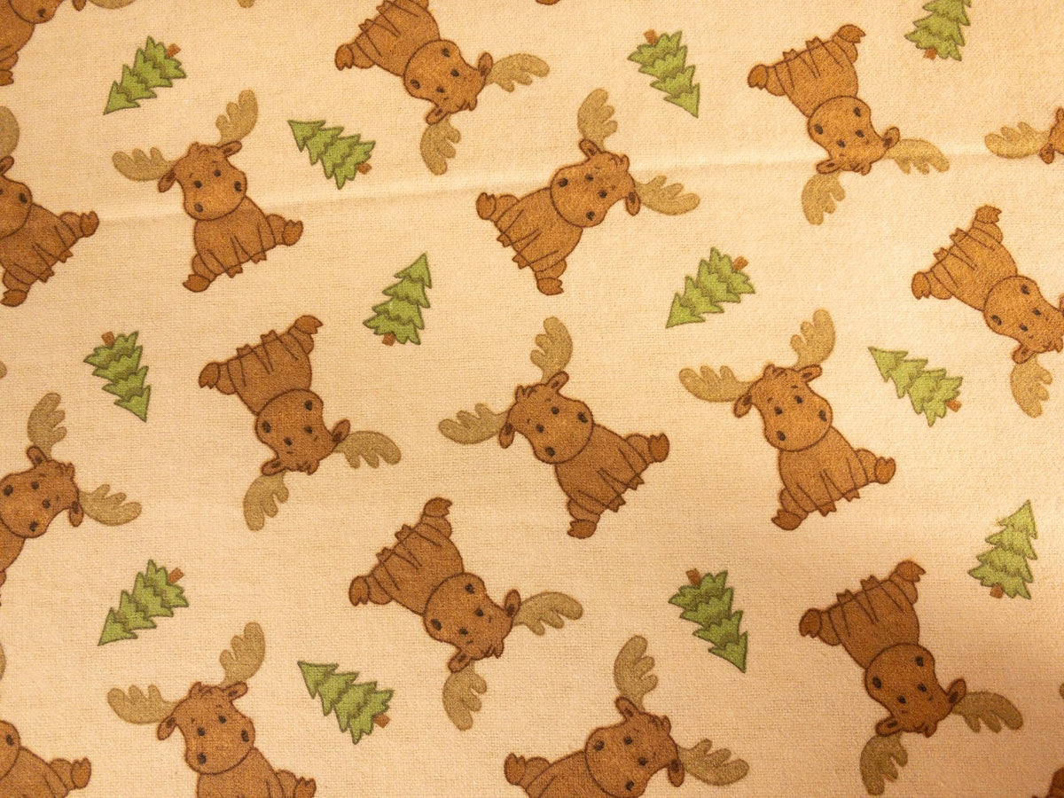 Baby Moose Animal FLANNEL N108744 Tan Beige Christmas Trees - Mary Jo Fabrics